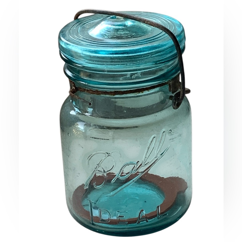 Antique 1920s BALL Ideal Aqua Blue Glass Pint Mason Jar Wire Bale Kitchen Decor